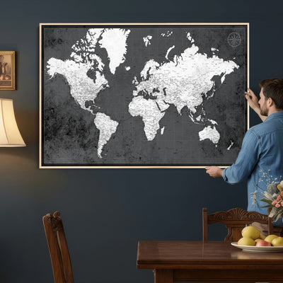 78574966-MGV-CV-36X24 - Extra Large Framed Personalize Push Pin World Map Wall Art Canvas Print for Travel Tracking - NEWMAP-128