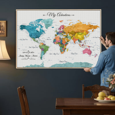 66743043-MGV-CV-36X24 - Extra Large Framed Personalize Push Pin World Map Wall Art Canvas Print for Travel Tracking - NEWMAP-131