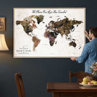 18074626D3D-MGV-CV-36X24 - Extra Large Framed Personalized Push Pin World Map Wall Art Canvas Print for Travel Tracking