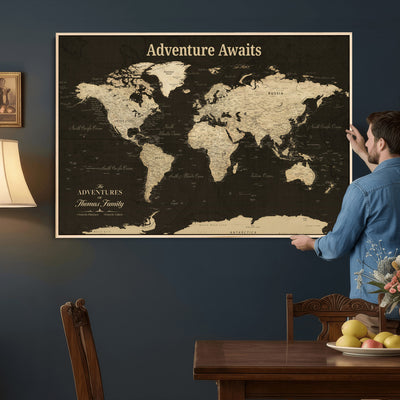 Custom Beige Modern World Travel Map Wall Art with Pins, Family Travel Tracker, Dining Room and Entryway Decor