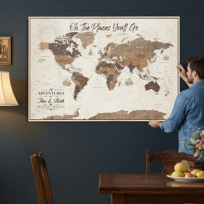 Personalized Beige Geometric Family Push Pin World Map Canvas Print, Honeymoon and Anniversary Gift, Living Room and Study Decor