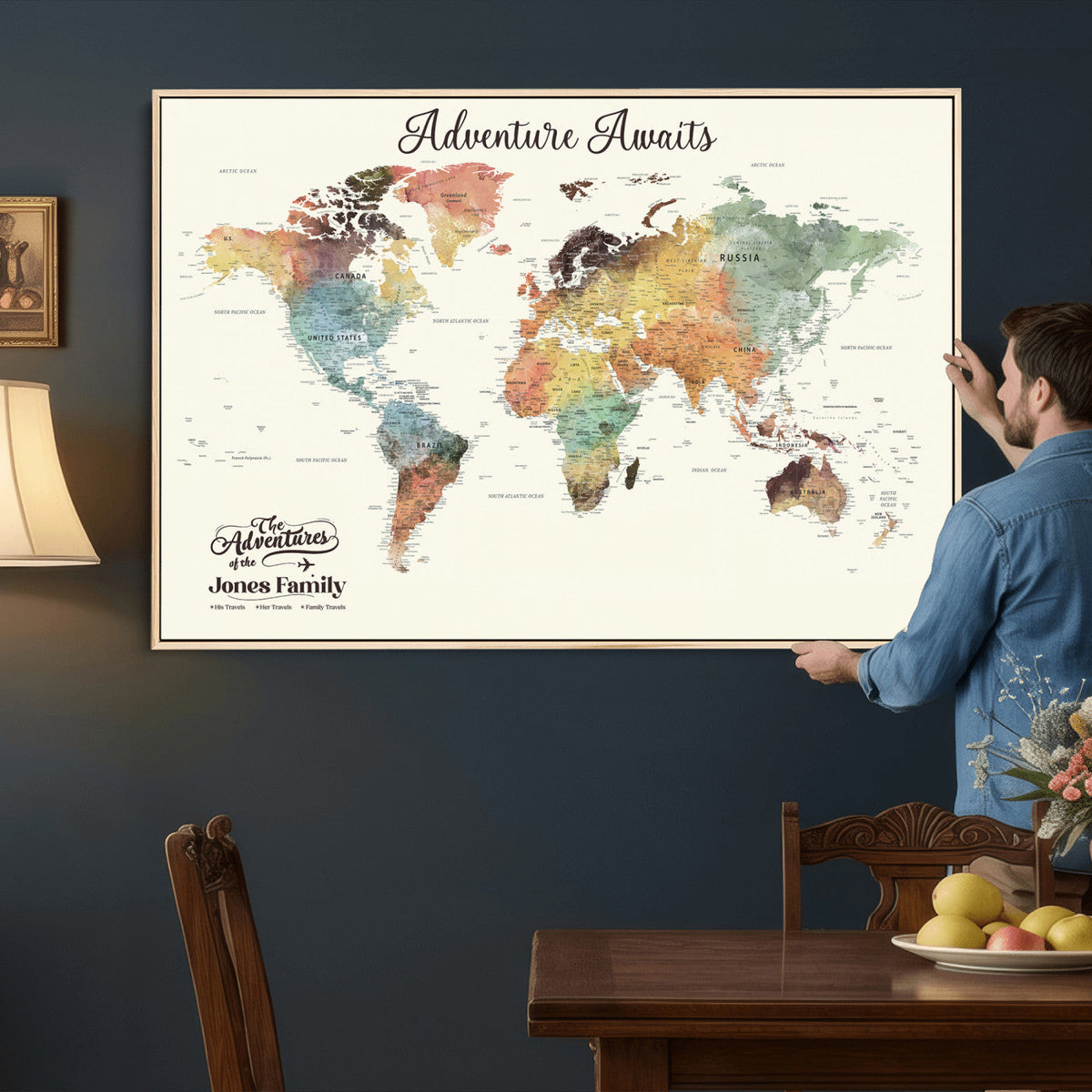 Personalized Framed Beige Modern Push Pin Travel Map Canvas Print, Family Travel Tracker, Bedroom and Home Office Decor