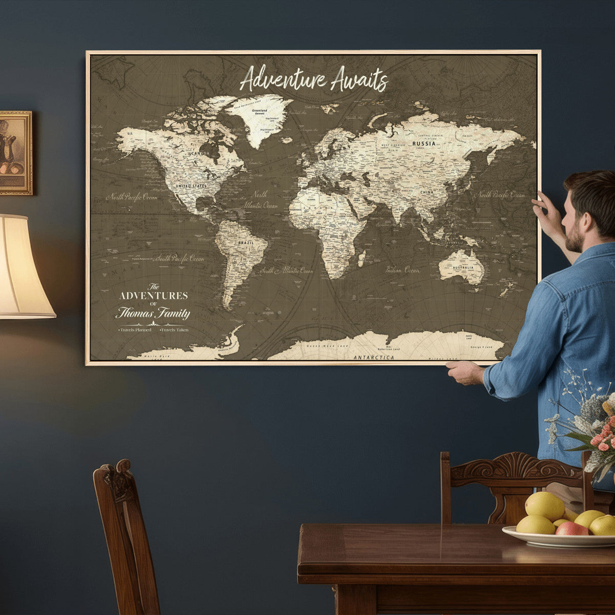 Personalized White Modern World Travel Map Wall Art with Pins, Honeymoon and Anniversary Gift, Living Room and Dining Room Decor