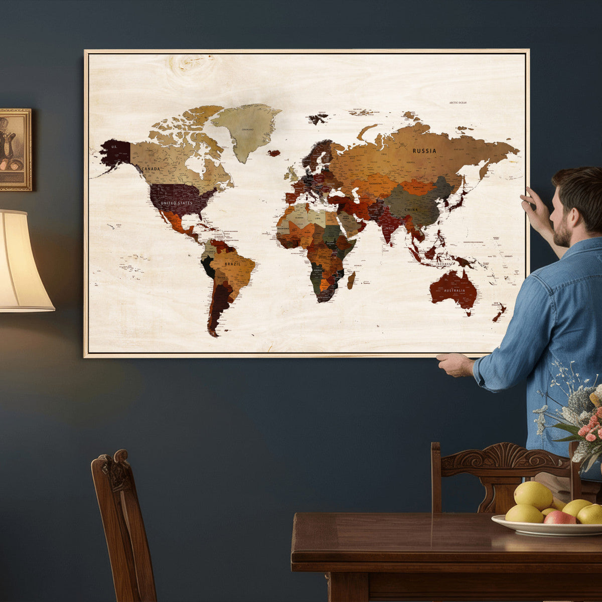 35728547D-MGV-CV-36X24 - Custom Push Pin World Map Wall Art Canvas Print – Personalized Travel Tracker with Pins Framed Large for Home and Office Decor