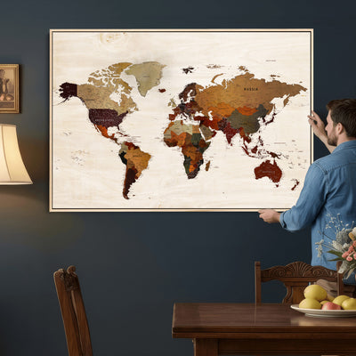 35728547D-MGV-CV-36X24 - Custom Push Pin World Map Wall Art Canvas Print – Personalized Travel Tracker with Pins Framed Large for Home and Office Decor
