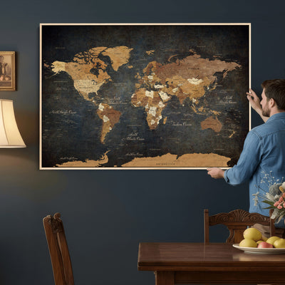 40660012D-MGV-CV-36X24 - Custom Push Pin World Map Wall Art Canvas Print – Personalized Travel Tracker with Pins Framed Large for Home and Office Decor