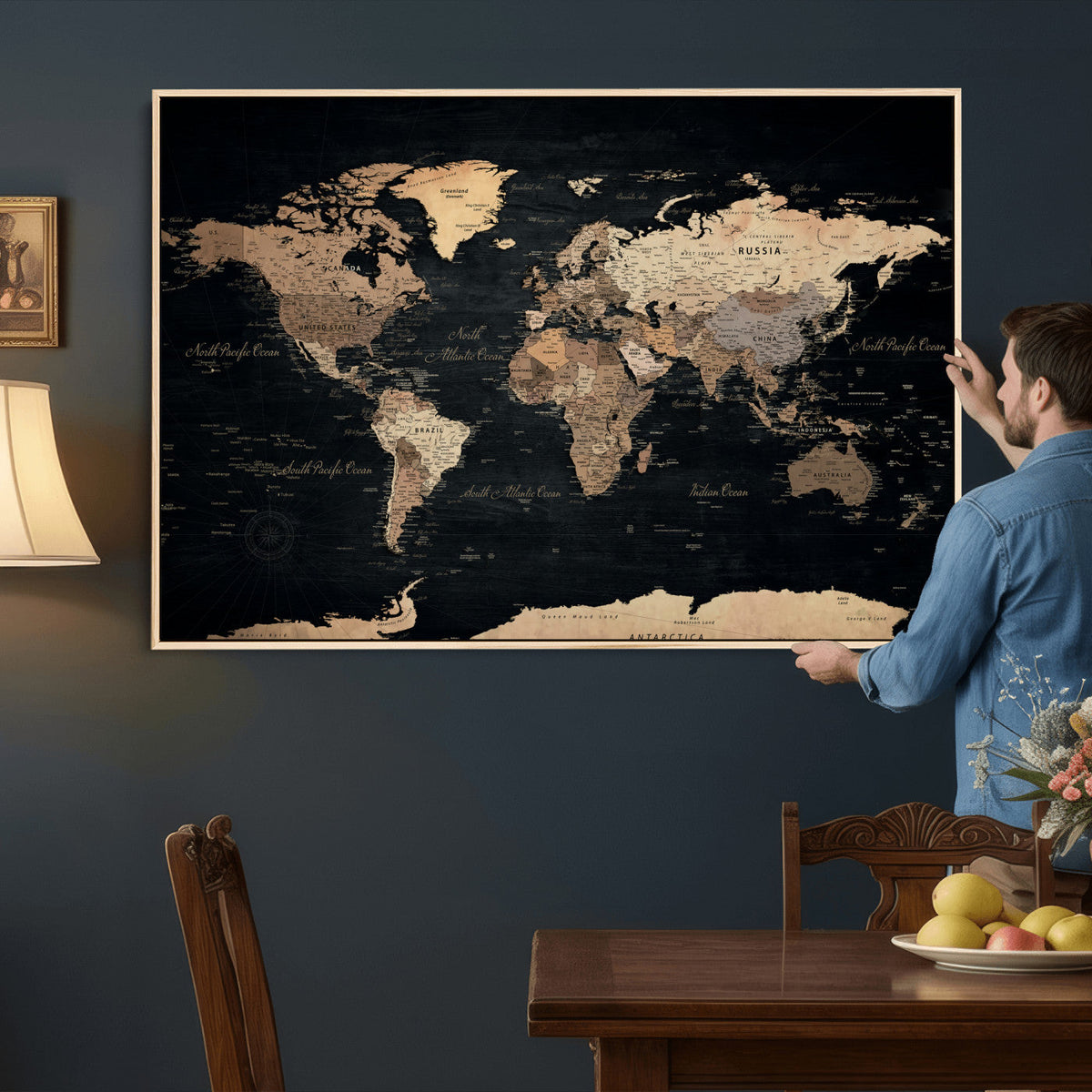 55335455D-MGV-CV-36X24 - Custom Push Pin World Map Wall Art Canvas Print – Personalized Travel Tracker with Pins Framed Large for Home and Office Decor