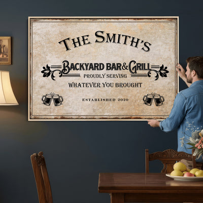 Custom Backyard Bar & Grill Sign, Personalized Family Name Arch Canvas