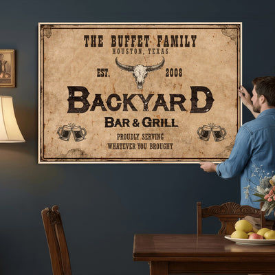 Custom Backyard Bar & Grill Sign Canvas, Personalized Family Name Sign