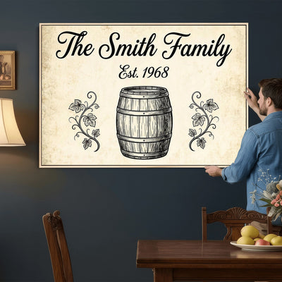 Family name sign with grapevine leaves and wine barrel sketch, print option
