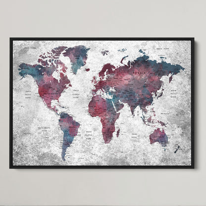 Push Pin World Map Canvas Print – Framed Wall Art for Couples to Track Their Travels – Anniversary Gift or Home Adventure Decor