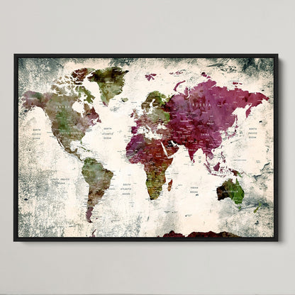 Push Pin World Map Canvas Print – Framed Wall Art for Couples to Track Their Travels – Anniversary Gift or Home Adventure Decor