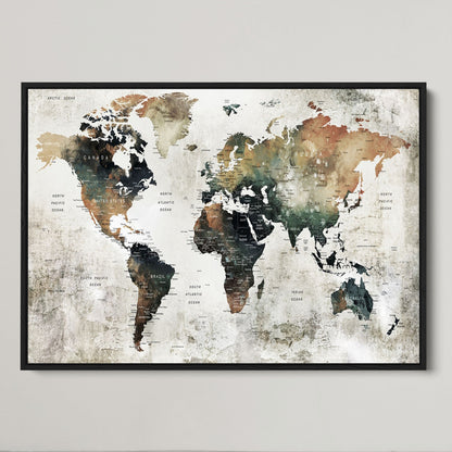Push Pin World Map Canvas Print – Framed Wall Art for Couples to Track Their Travels – Anniversary Gift or Home Adventure Decor