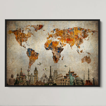 Push Pin World Map Canvas Print – Framed Wall Art for Couples to Track Their Travels – Anniversary Gift or Home Adventure Decor