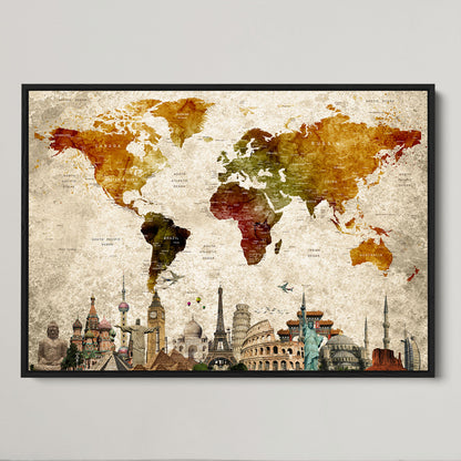 Push Pin World Map Canvas Print – Framed Wall Art for Couples to Track Their Travels – Anniversary Gift or Home Adventure Decor