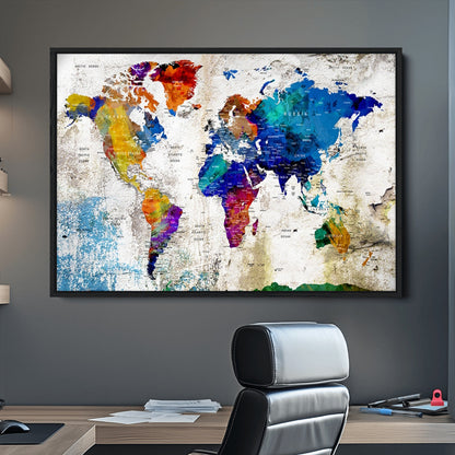 Push Pin World Map Canvas Print – Framed Wall Art for Couples to Track Their Travels – Anniversary Gift or Home Adventure Decor