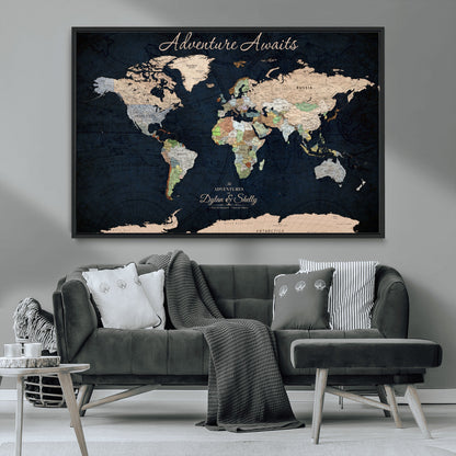 43186793-MGV-CV-30X20-Personalized World Map Print, Customizable Push Pin Framed World Map Print on Canvas - Custom Quote on Map Print