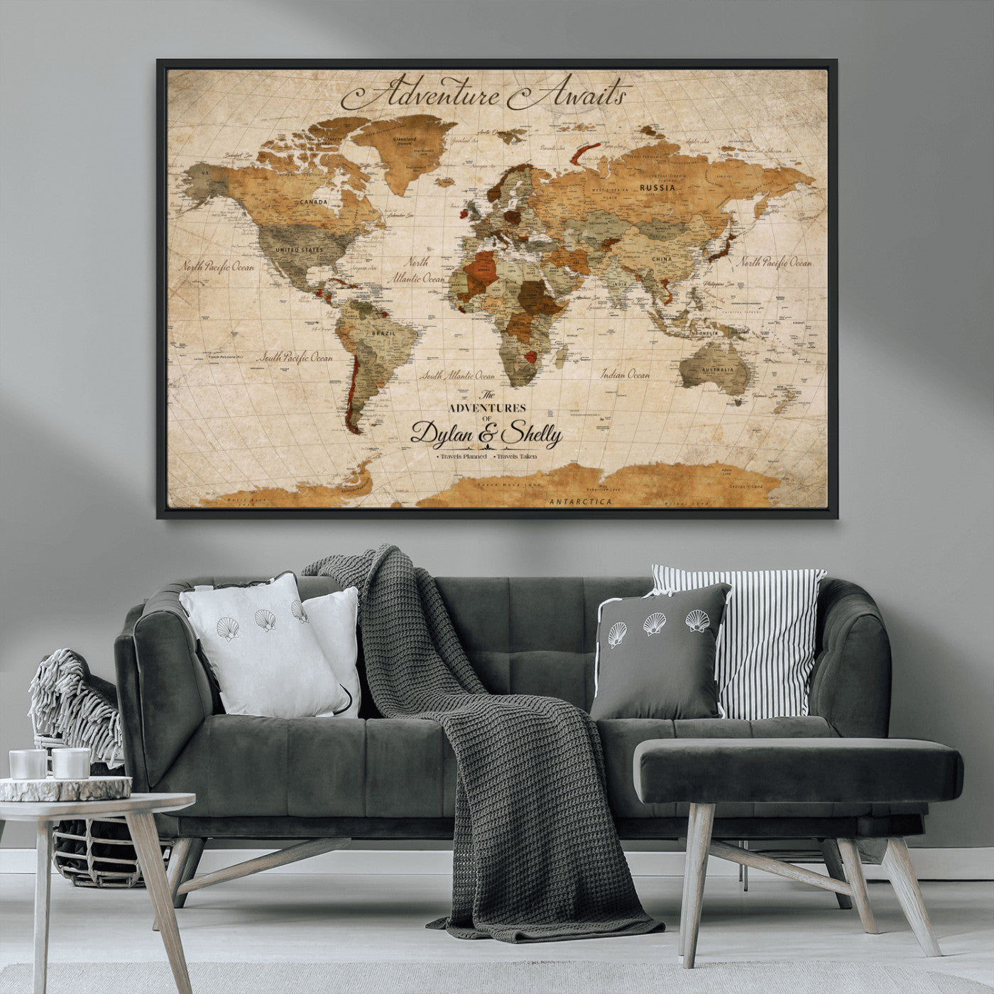 20810820-MGV-CV-30X20-Personalized World Map Print, Customizable Push Pin Framed World Map Print on Canvas - Custom Quote on Map Print