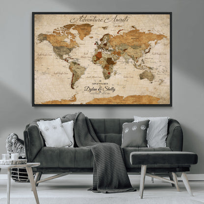 20810820-MGV-CV-30X20-Personalized World Map Print, Customizable Push Pin Framed World Map Print on Canvas - Custom Quote on Map Print