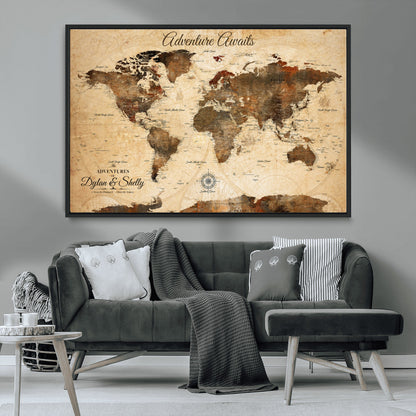 66357947-MGV-CV-36X24-Personalized World Map Print, Customizable Push Pin Framed World Map Print on Canvas - Custom Quote on Map Print