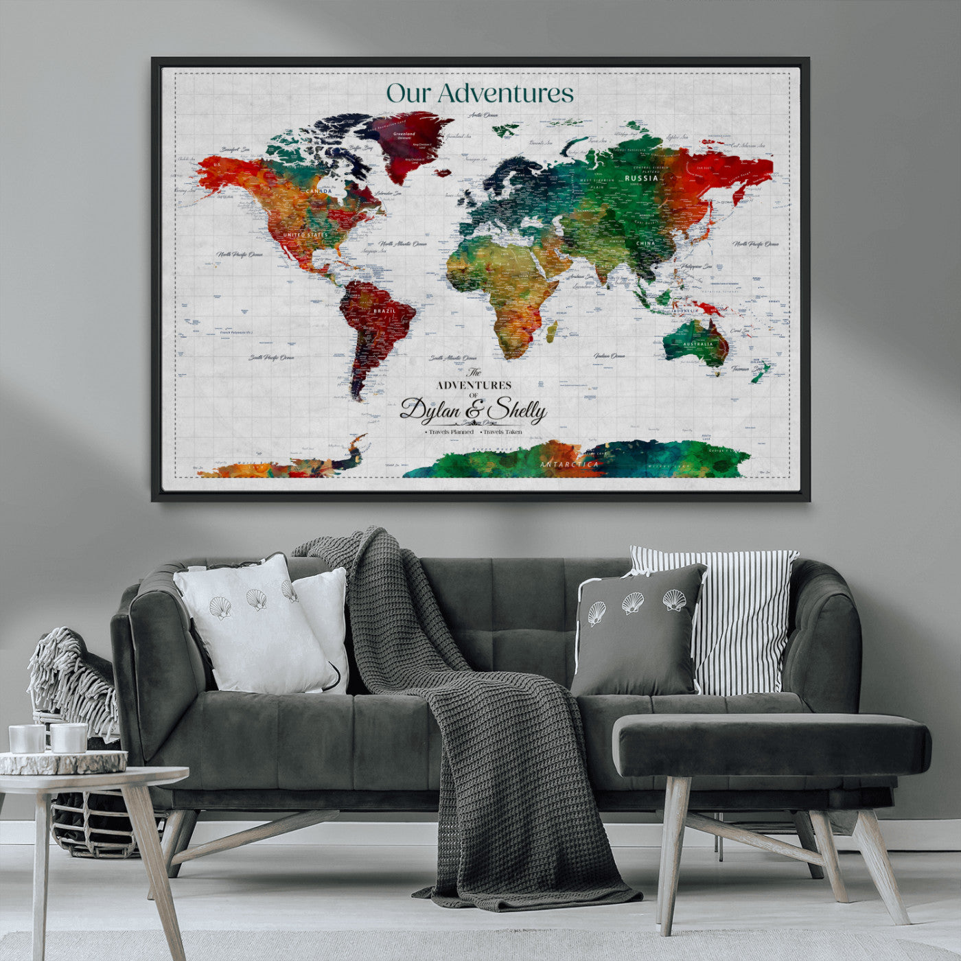 50035254-MGV-FC-36X24_Black-Watercolor Personalized World Map Canvas Print - Customizable Push Pin Framed World Map Print - Custom Quote on Map Print