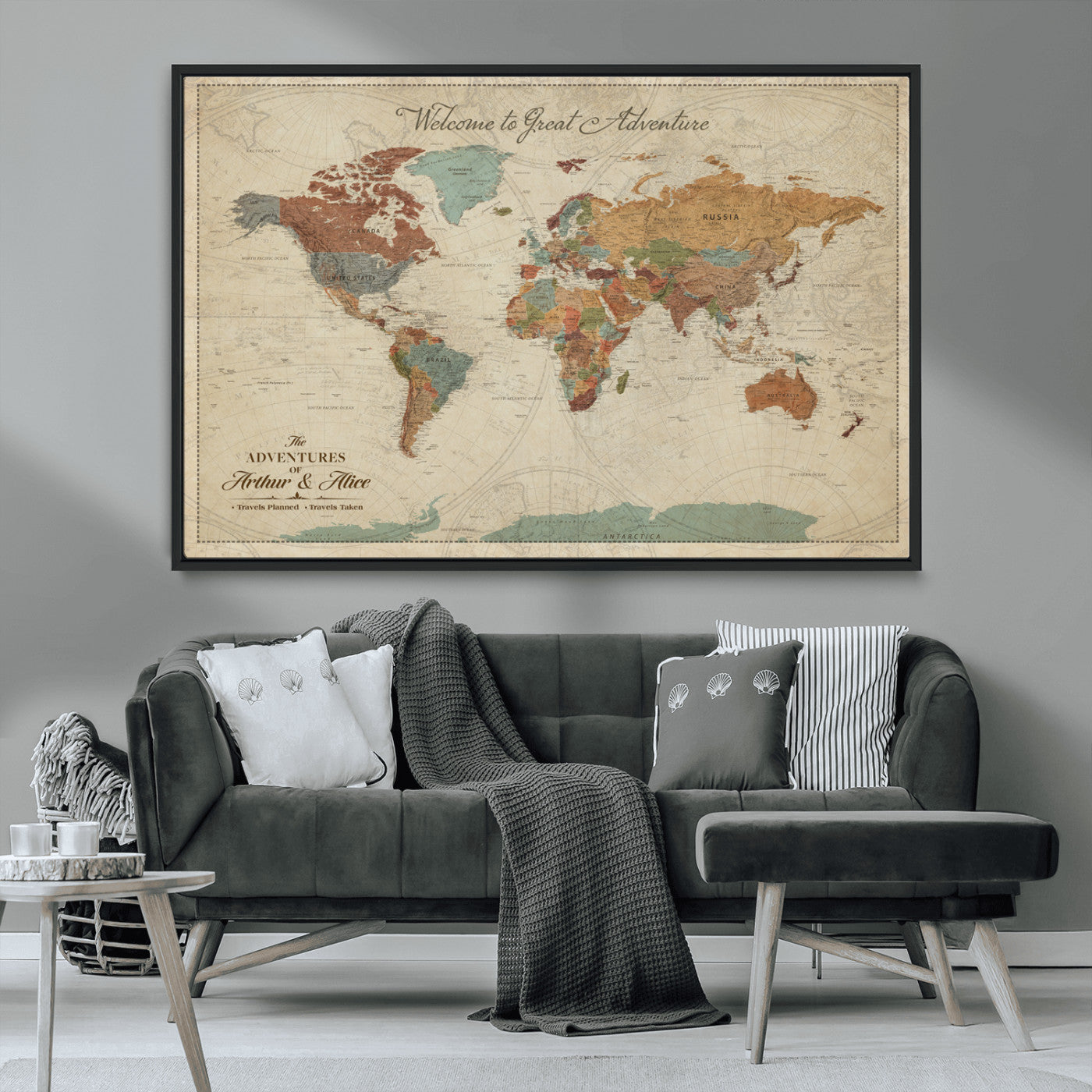 54152425-MGV-FC-36X24_Black-Custom Push Pin World Map Wall Canvas Print – Personalized Travel Tracker with Pins – Framed Custom Map Quotie Canvas for Home Office Decor