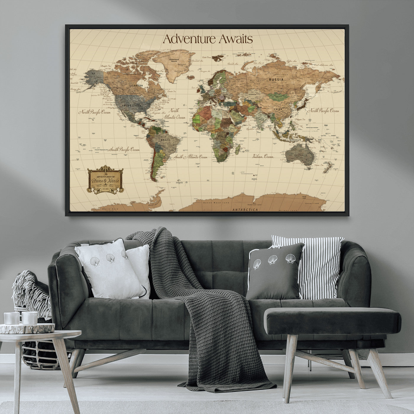 74480507-MGV-FC-36X24_Black-Custom Push Pin World Map Wall Canvas Print – Personalized Travel Tracker with Pins – Framed Custom Quotie Canvas for Home Office Decoration