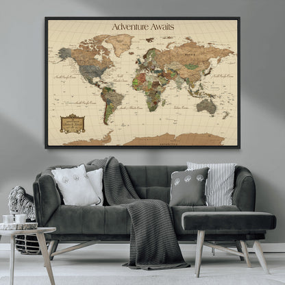 74480507-MGV-FC-36X24_Black-Custom Push Pin World Map Wall Canvas Print – Personalized Travel Tracker with Pins – Framed Custom Quotie Canvas for Home Office Decoration