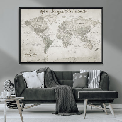Custom Push Pin World Map Wall Canvas Print – Personalized Travel Tracker with Pins – Framed Custom Quotie Canvas for Home Office Decor