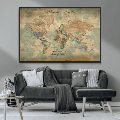 60798273-MGV-FC-30X20_Black-Custom Push Pin World Map Wall Canvas Print – Personalized Travel Tracker with Pins – Framed Custom Quotie Canvas for Home Office Decor