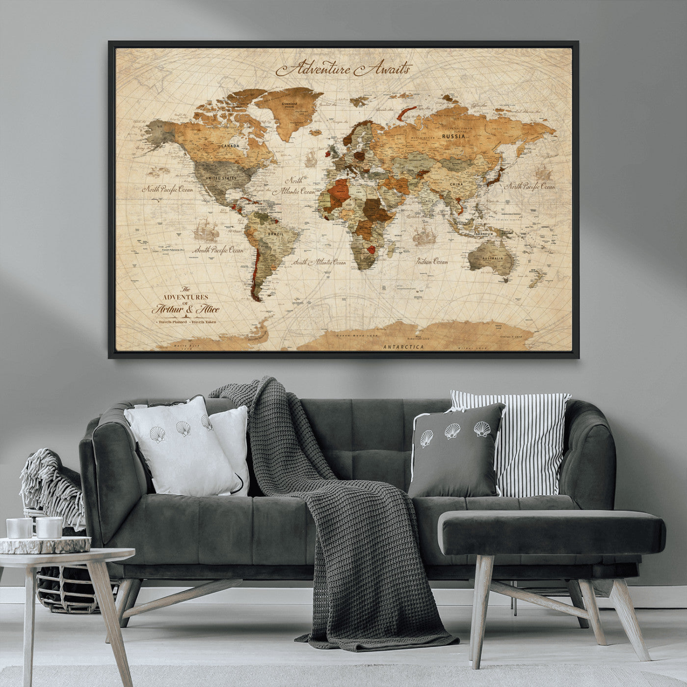 64295326-MGV-FC-30X20_Black-Custom Push Pin World Map Wall Canvas Print – Personalized Travel Tracker with Pins – Framed Custom Quotie Canvas for Home Office Decor