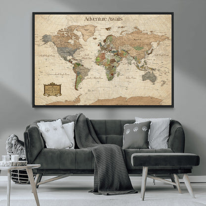 33020399-MGV-FC-30X20_Black-Custom Push Pin World Map Wall Canvas Print – Personalized Travel Tracker with Pins – Framed Custom Quotie Canvas for Home Office Decor