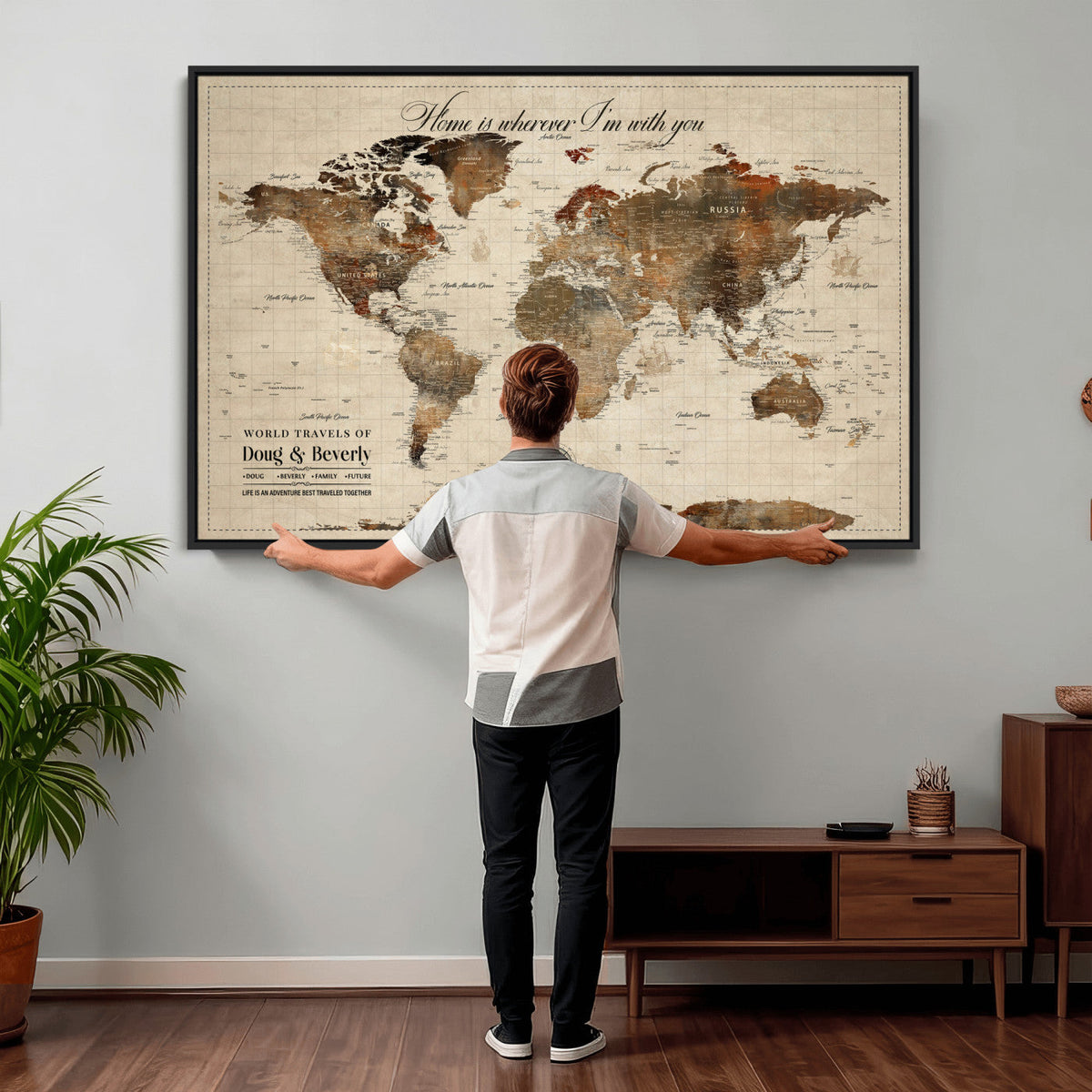 Large Custom Framed Beige Vintage World Travel Map Wall Art with Pins, Couples Countries Visited Map, Living Room and Hallway Decor