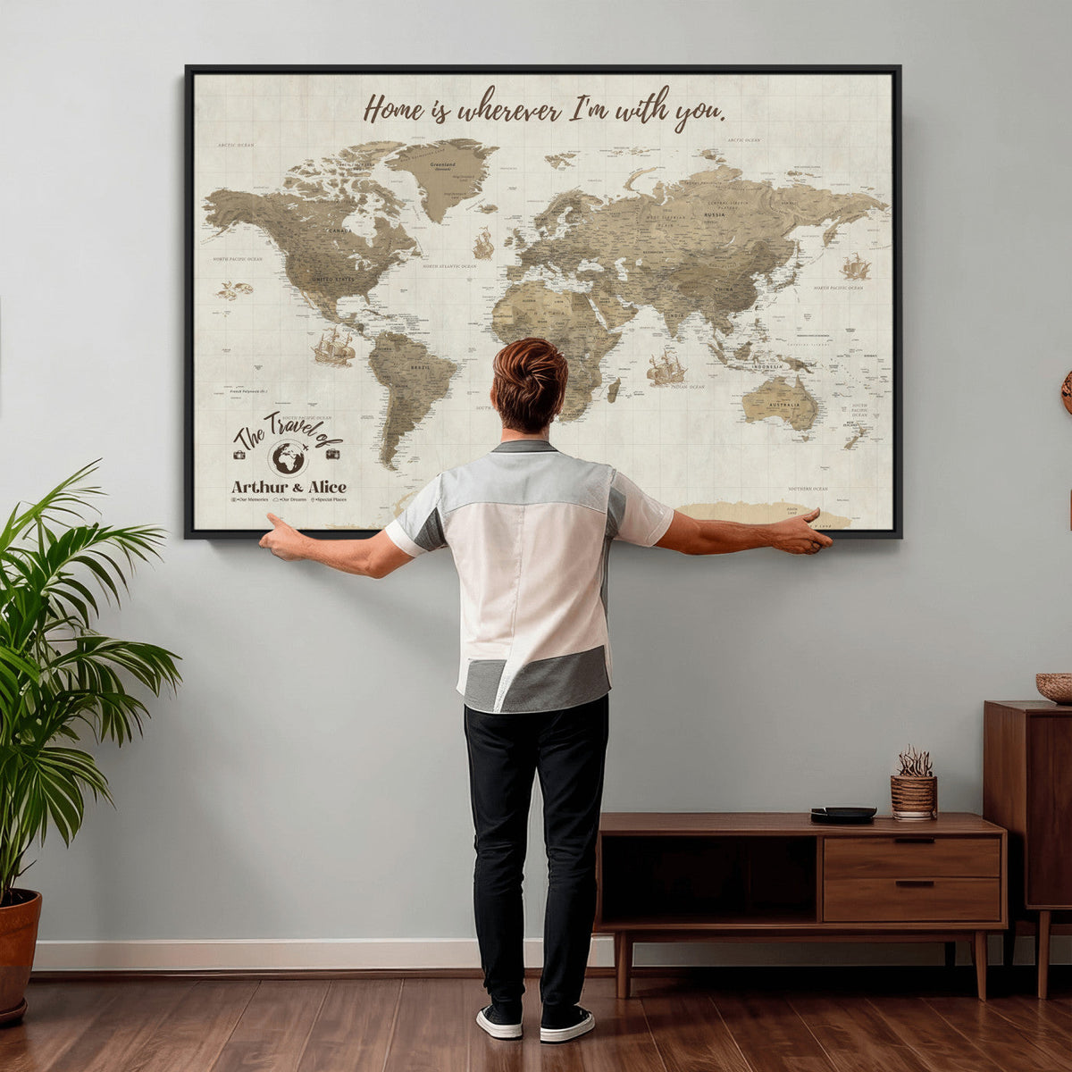 Custom Beige Geometric World Map Canvas with Push Pins, Honeymoon and Anniversary Gift, Dining Room and Hallway Decor