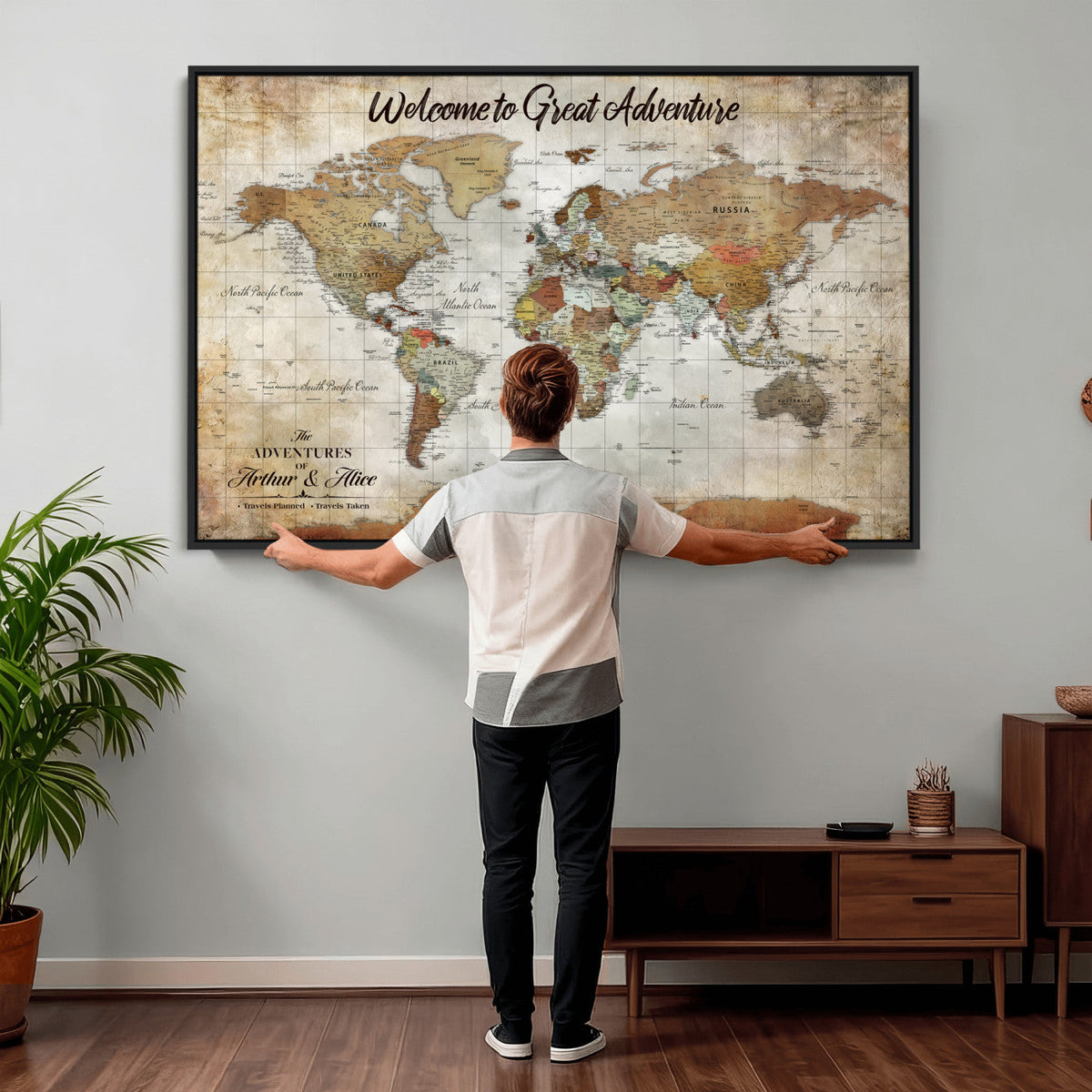 Personalized Beige Push Pin World Map Wall Art, Bucket List Map, Living Room and Family Room Decor