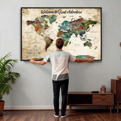 Personalized Beige Grunge World Map Canvas with Push Pins, Next Trip Planner Map, Family Room and Home Office Decor