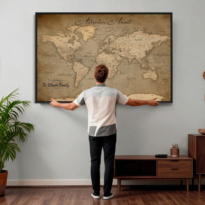 Personalized Framed Beige World Travel Map Wall Art with Pins, Family Travel Tracker, Family Room and Entryway Decor