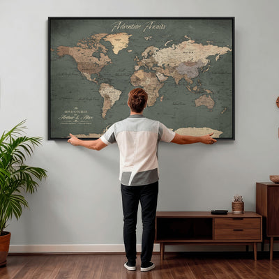 Personalized Framed Beige Modern World Map Canvas with Push Pins, Bucket List Map, Family Room and Dining Room Decor