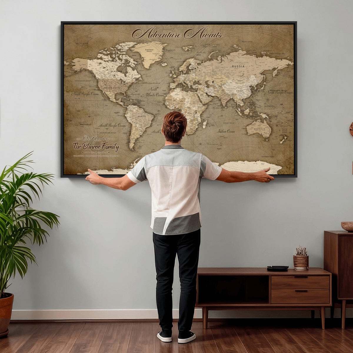 Custom Beige Modern Push Pin World Map Canvas Print, Family Travel Tracker, Dining Room and Home Office Decor