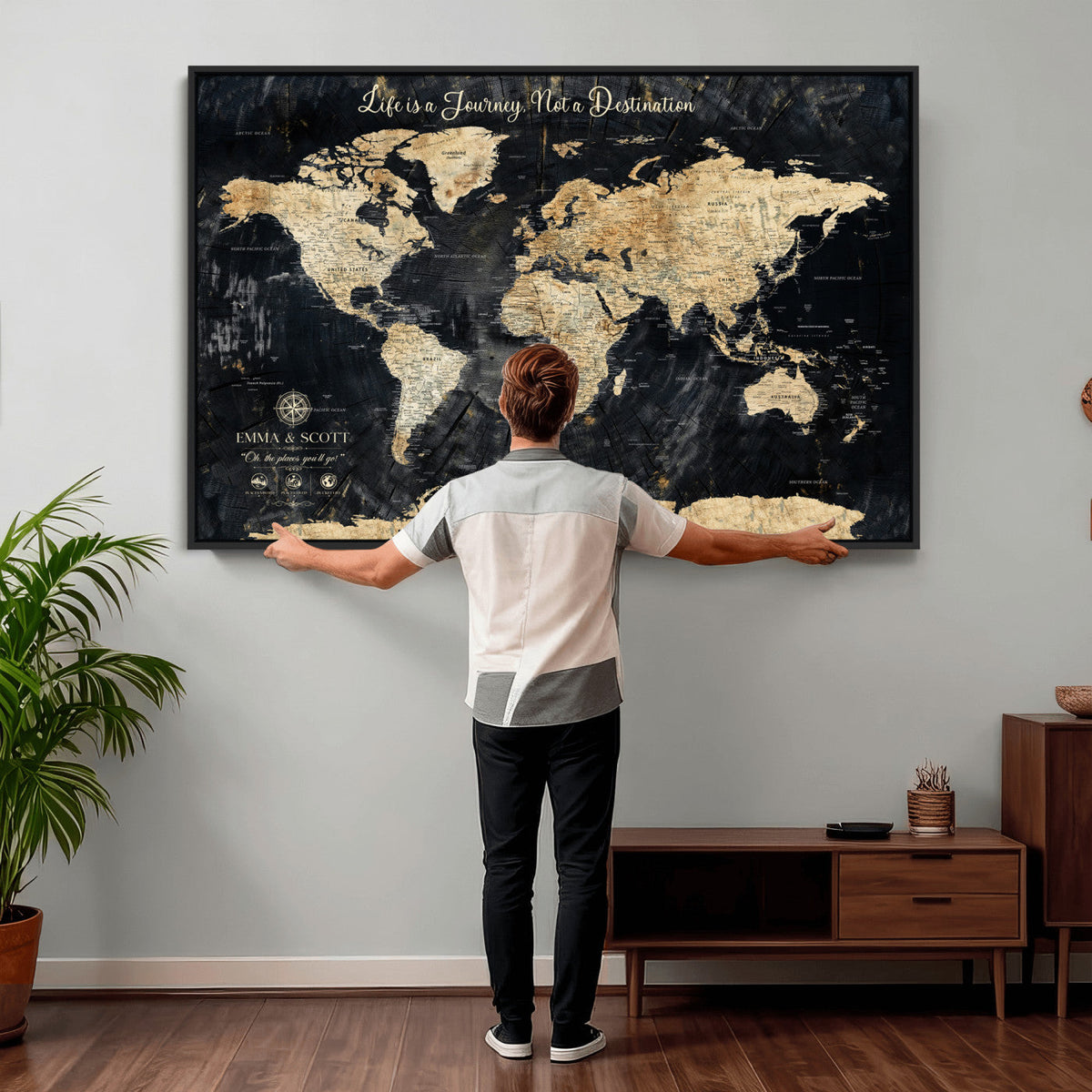 Personalized Framed Navy Modern Push Pin World Map Canvas Print, Couples Countries Visited Map, Family Room and Study Decor