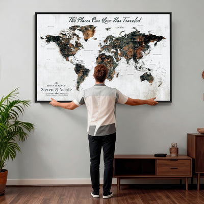29090064-MGV-CV-36X24 - Custom Push Pin World Map Wall Art Canvas Print | Personalized Travel Tracker with Pins Framed Large for Home and Office Decor