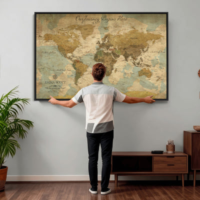 Personalized Navy Push Pin Travel Map Canvas Print, Couples Countries Visited Map, Living Room and Dining Room Decor