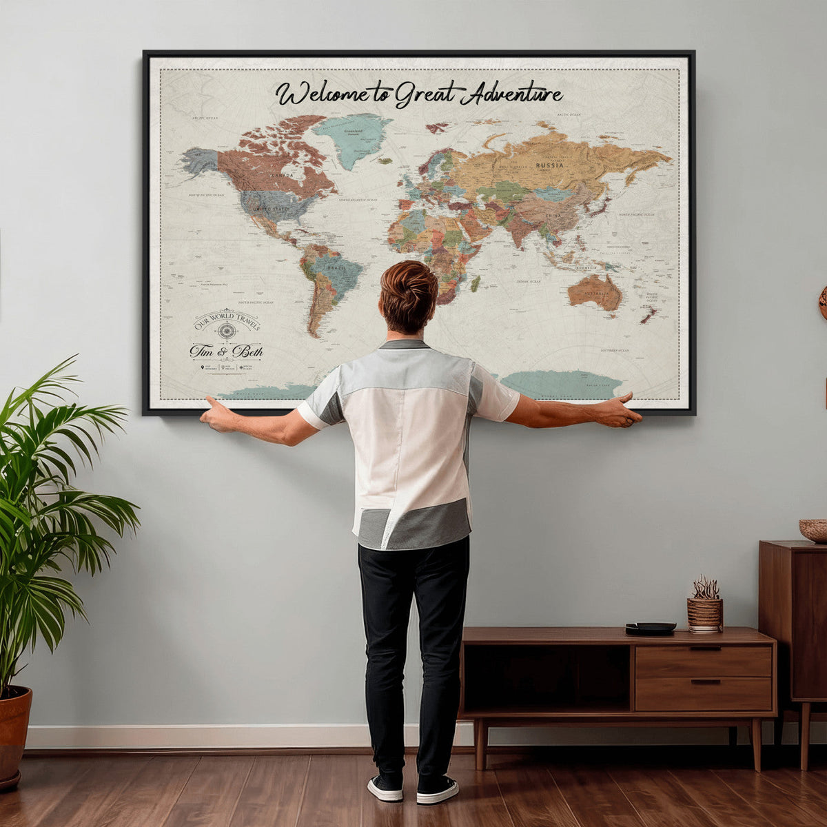 Custom Beige Push Pin World Map Canvas Print, Bucket List Map, Dining Room and Home Office Decor
