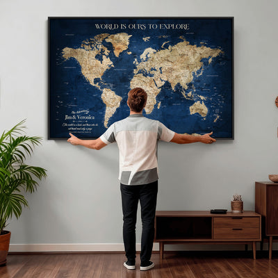35296308-MGV-CV-36X24 - Custom Push Pin World Map Wall Art Canvas Print | Personalized Travel Tracker with Pins Framed Large for Home and Office Decor