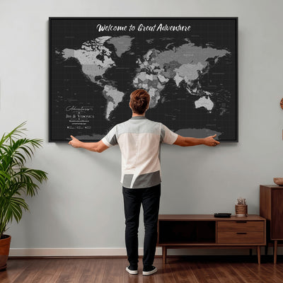 Custom Framed Navy Vintage World Map Canvas with Push Pins, Next Trip Planner Map, Entryway and Hallway Decor