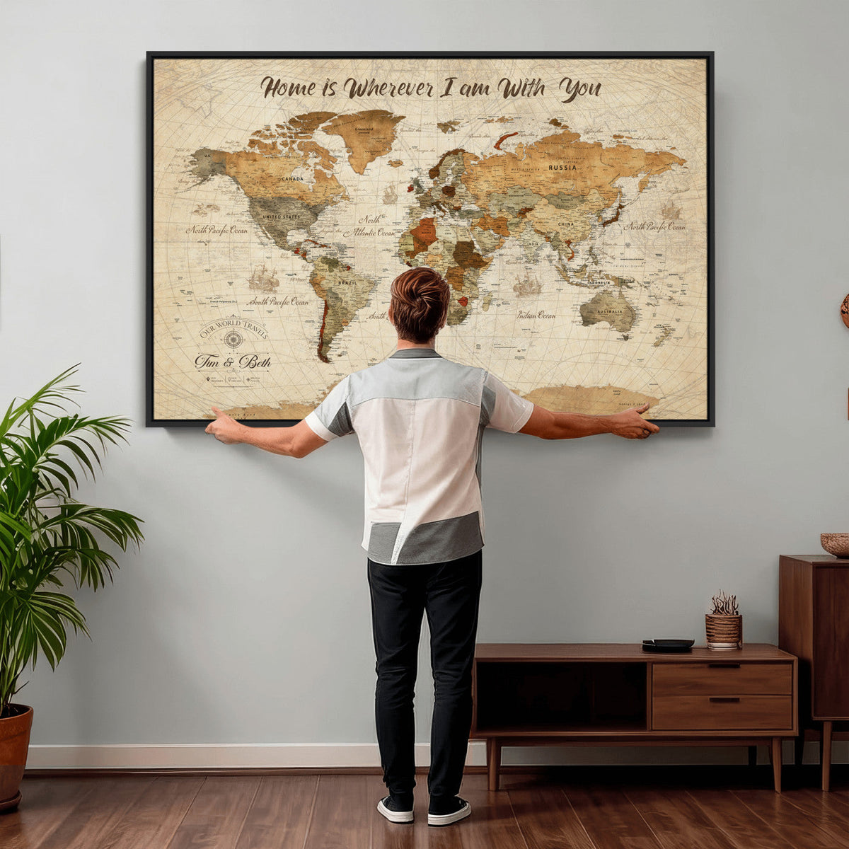 Personalized Framed Black Modern Push Pin World Map Wall Art, Couples Countries Visited Map, Dining Room and Hallway Decor