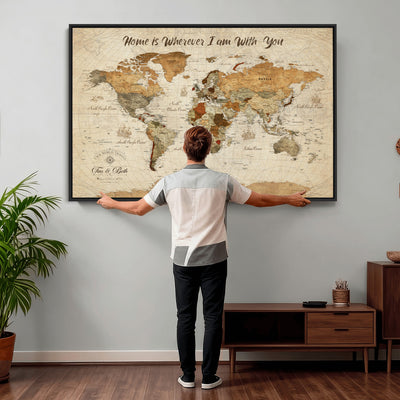 Personalized Framed Black Modern Push Pin World Map Wall Art, Couples Countries Visited Map, Dining Room and Hallway Decor