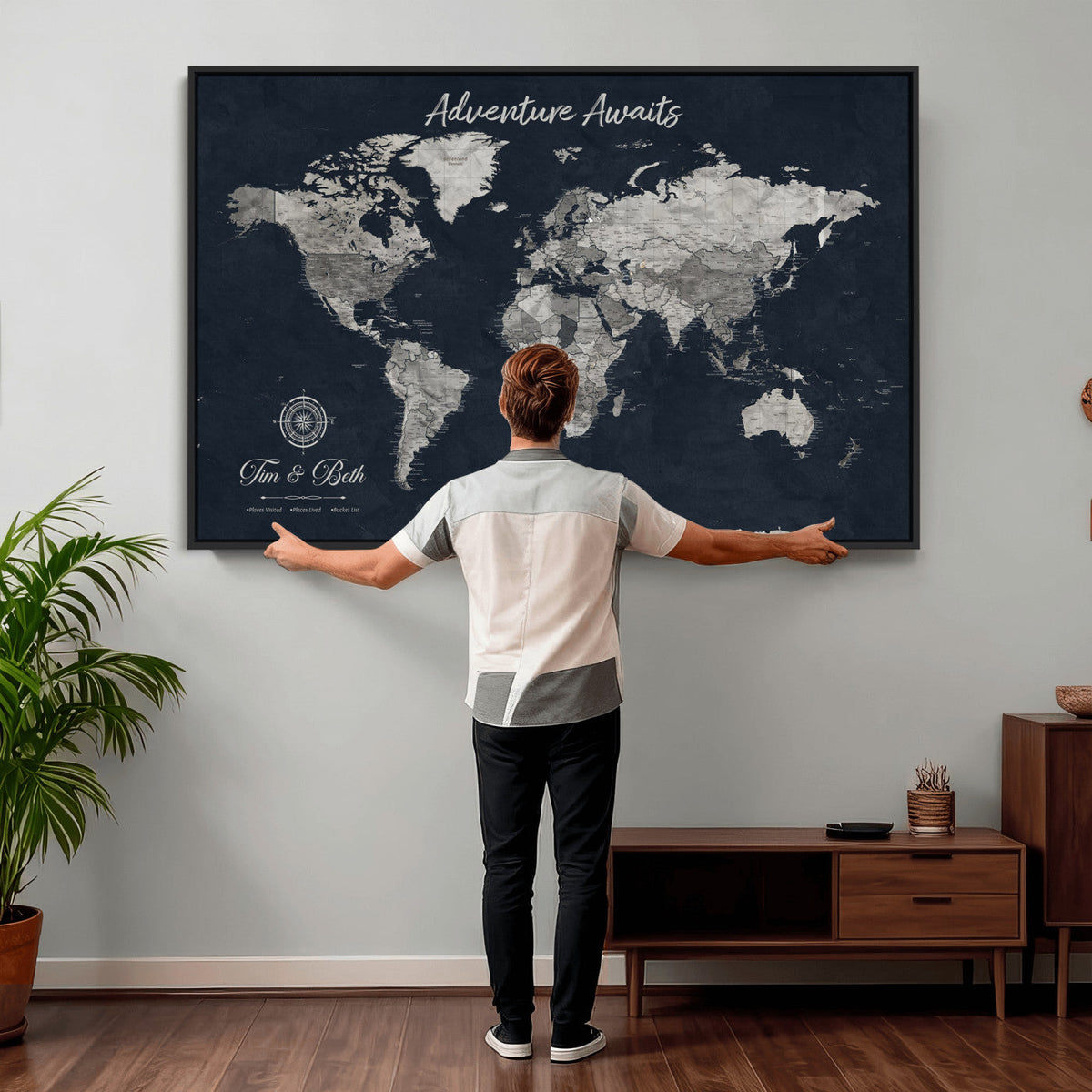 Personalized Framed Beige Vintage Push Pin World Map Wall Art, Bucket List Map, Study and Hallway Decor