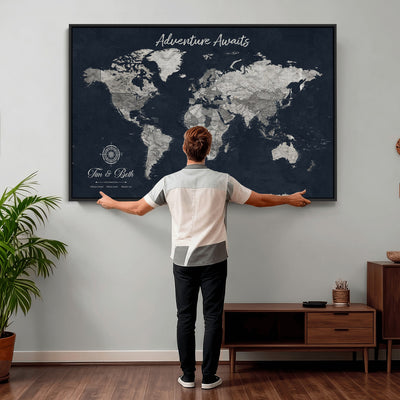 Personalized Framed Beige Vintage Push Pin World Map Wall Art, Bucket List Map, Study and Hallway Decor