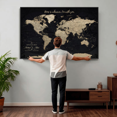 Personalized Framed Beige Modern Push Pin World Map Canvas Print, Places Visited Tracker, Family Room and Bedroom Decor